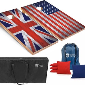 May include: Two wooden cornhole boards with a distressed wood look. One board features the American flag and the other features the Union Jack. The boards come with a black carrying bag, blue and red bean bags, and the text "Tailgating Pros".