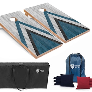 May include: Two wooden cornhole boards with a blue and white geometric design. The boards are set up for play and come with a black carrying case, a blue drawstring bag, and eight bean bags, four red and four blue.