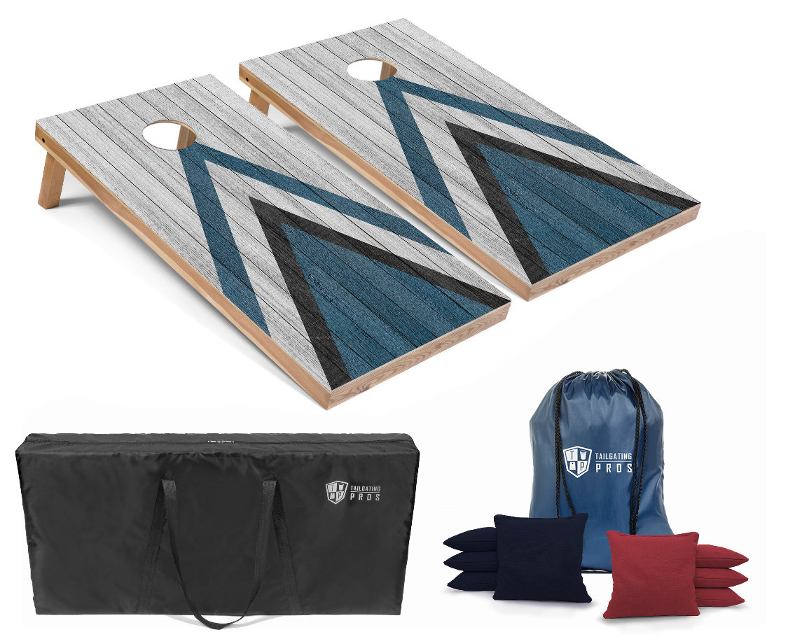 Tailgating Pros 4’x2’ Blue Wooden Cheveron Cornhole Boards w/ Carrying Case, Optional Light Package & Set of 8 Bags!