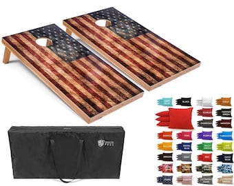 Tailgating Pros 4’x2’ Distressed Star Stripe American Flag Cornhole Boards w/ Carrying Case & set of 8 Bags (YOU PICK COLOR) 25 Colors!
