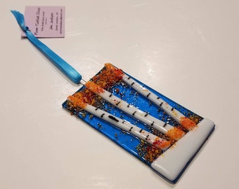 Fused Glass Aspen Tree Suncatcher, Blue Background, Colorado Home Decor