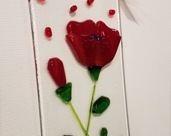 Red Poppies, fused glass suncatcher, for the garden, housewarming, gifts for friends, gifts for her, Mother's Day, Home Decor, Floral