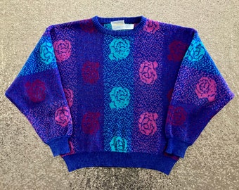 vintage 80’s blue purple pink bright floral dolman sleeve angora knit jumper sweater size 16