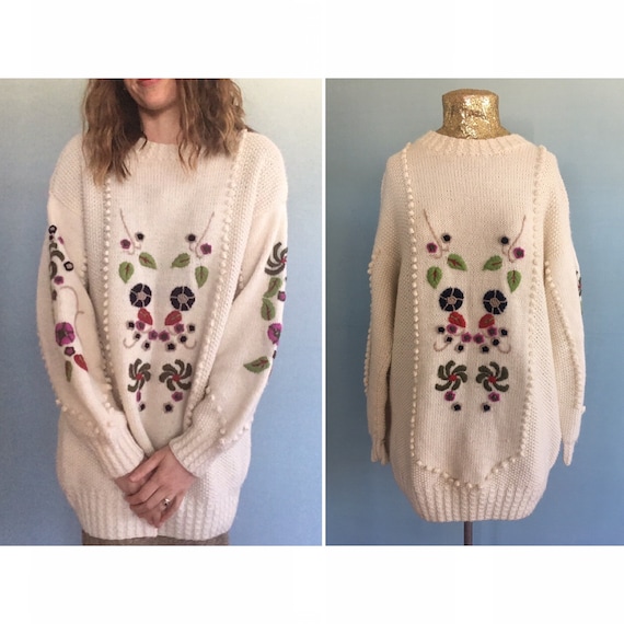 vintage cream knitted bobble embroidered floral ov