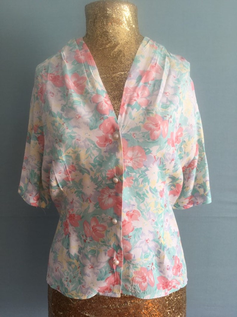 Vintage pastel floral button down blouse size 12 14 | Etsy