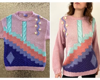 vintage pink purple abstract chunky knit pom pom sweater jumper size 14