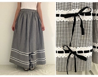 vintage handmade black white gingham high rise cotton velvet ribbon bows prairie maxi skirt size 10