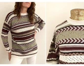 vintage white maroon grey striped chevron mockneck cotton knit jumper size 12