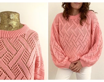 vintage handmade light pink open basket stitch balloon sleeve knit jumper size 16