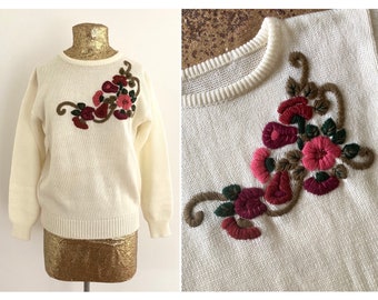 vintage handmade cream pink green floral crewel embroidery pullover knitted jumper size 8
