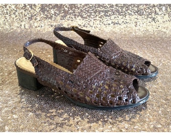 vintage brown woven leather peep toe slingback low block heel sandals size 6 / 37