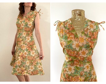 vintage 70’s green brown yellow floral tie shoulders sleeveless fit and flare midi dress size 10