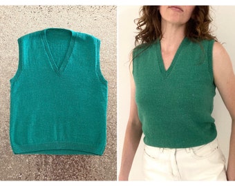 vintage handmade green gold lurex knitted sleeveless sweater vest size 8 - 10