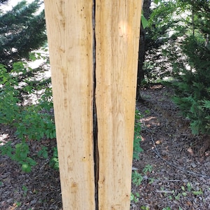 May include: Two pieces of light brown wood with a natural crack running down the center. The wood has a rough texture and is likely unfinished.