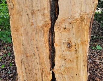 Op de afbeelding: Twee grote stukken hout met een natuurlijke, lichtbruine kleur en een uniek nerfpatroon. Het hout heeft een ruwe, onbewerkte textuur en lijkt een soort esdoorn te zijn.