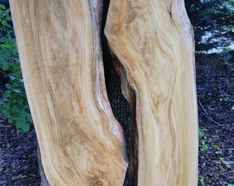 Op de afbeelding: Twee grote platen hout met een natuurlijke, lichtbruine kleur en een uniek nerfpatroon. Het hout heeft een levende rand en is perfect voor houtbewerkingsprojecten.