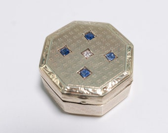 Antique Art Deco Tiffany 14k solid gold sapphire diamond pillbox/snuff box 14.8 with Sapphire and Diamond