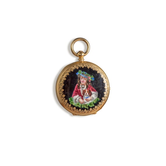 Antique 18k gold pocket watch with enamel pendent - image 6