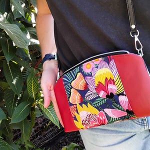 Australian Flora Protea Red Genuine Leather Feature Clutch On the Go Purse Crossbody Bag with Black Adjustable Strap