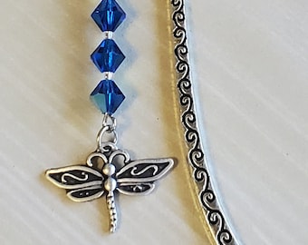 DRAGONFLY CRYSTAL BOOKMARK Capri Blue Czech crystal **handmade beaded book birthday friendship teacher inspirational gift bi-cone beads