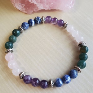 BALANCE BRACELET Amethyst Sodalite Rose Quartz Moss Agate **emotional healing calming centering peace vertigo migraine TMJ anxiety gift
