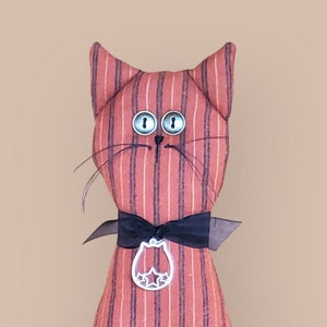 SCRAPPY STRIPED CAT 12&quot; Tall Soft-Sculpture Doll **Halloween pumpkin fall decor handmade flannel fun soft kitty unique stars whimsical gift