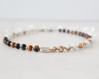 Tiger Eye & Gold Lace Howlite Beaded Anklet: Handmade Crystal Jewelry, Grounding Balance Security