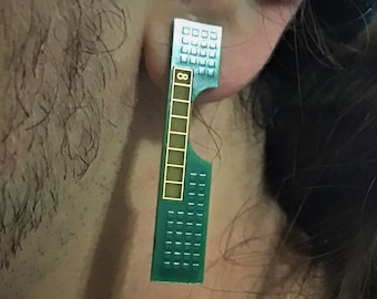 May include: A green and white circuit board earring with a gold number "8" printed on it.