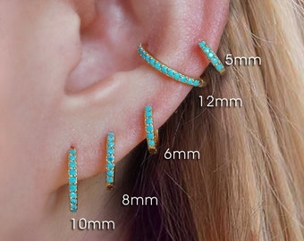 Turquoise Earrings, CZ Hoop Earrings, Huggie Earrings, Gold Earring, 5mm, 6mm, 8mm, 10mm, 12mm, Silver Earring, Orbital Earring, Dainty