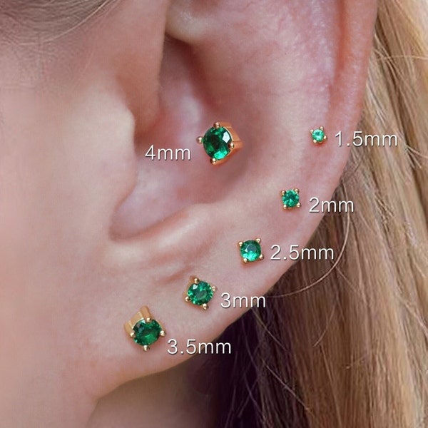 Emerald green stud earrings, May Birthstone studs, rose gold stud earrings, tiny stud earrings, small studs, cartilage, helix earring, gold