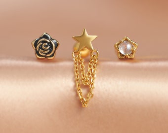 Star Earring - Gold Earrings Stud - 16g Conch Earrings - Ball End Studs - Cartilage Earrings - Helix/Conch/Tragues - Flat Back Earrings