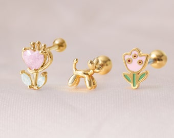 Enamel Flower Earrings • Cartilage Earrings Studs • 16g Pink Conch Earrings • Stud Earrings • Tragus/Labret/Helix • Flat Back Earrings