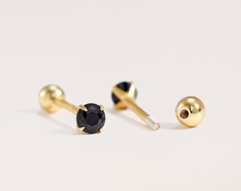 Onyx Black stud earrings, gold stud earrings, small stud earrings, screw back, tiny studs, cz studs, cartilage, helix, tragus, earring set