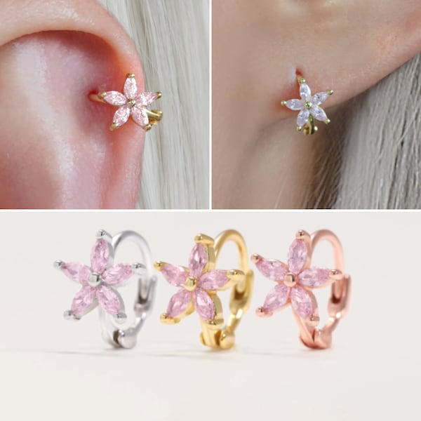 Pink Huggie Earrings, Tourmaline Flower Small Hoop Earrings, Gold Cartilage Hoop, Brith Flower Earrings, Tragus Hoop, Helix Hoop, 14K, 18G