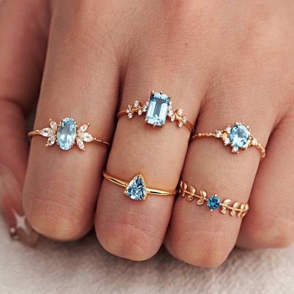 Aquamarine Ring, Stackable Rings, Dainty Engagement Ring, Gold Ring, Mother's Day Gift, Promise Ring, Rings Set, Gemstone Rings, Dainty ring