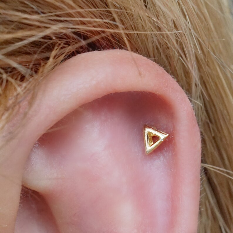 Triangle cartilage earring, tiny stud, cartilage earring, helix, tragus stud, screw back earring, sterling silver, conch, small stud earring image 2