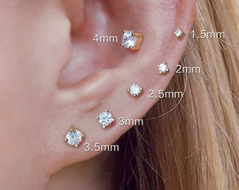 Tiny Round Cz Stud Earrings, White Diamond Cartilage Earring, 1.5mm-4mm, Unisex Prong Studs, Solitaire Earrings, Tragus/ Lip/ Helix/ Conch