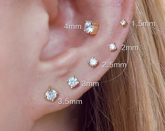 Kleine runde Cz Ohrstecker, weiße Diamant Knorpelohrring, 1,5mm-4mm, Unisex Prong Ohrstecker, Solitär Ohrringe, Tragus/ Lippe/ Helix/ Muschel