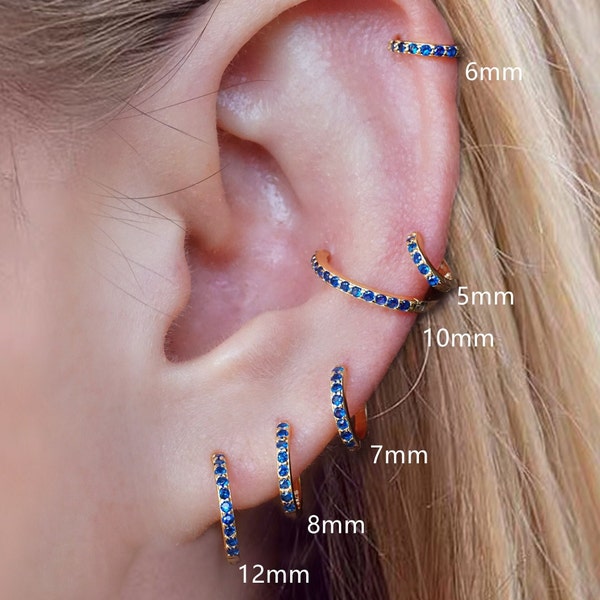 5-12mm Cartilage Hoop Earrings, Gold Huggie Hoop, Helix Piercing Jewelry, Minimalist Earrings, Conch Hoop, Sapphire Blue, Tragus Piercing