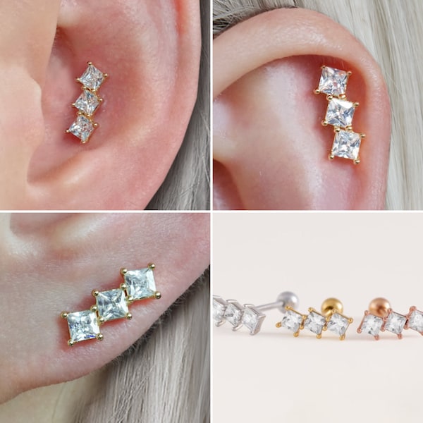 Conch Piercing, Triple Square Diamond Cartilage Earrings, Flat Back, 16G 18G 20G Labret, Helix Stud, Tragus Jewelry, Titanium Bar, Silver