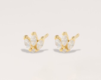 Marquise Stone Stud, Three Leaf Colver Earring, Gold Crystal Earring, Tiny Crown Conch Studs, Minimalist Earring, Birthday Present, Sparkly