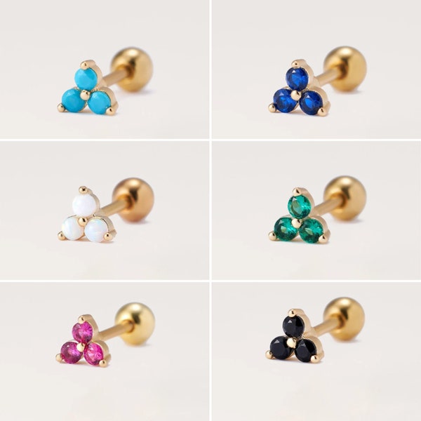 Tiny Trio Dot CZ Studs in Different Colors, Trinity Diamond, Opal, Turquoise Conch Piercing, Simple Labret Stud, Nose Stud Earring, Titanium