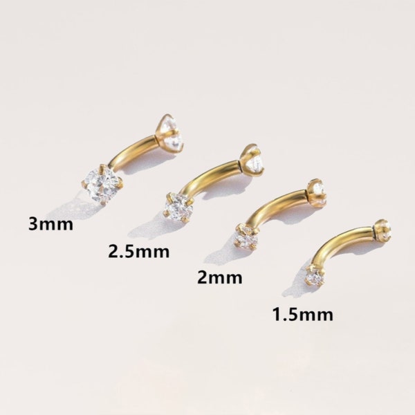 thumbnail interactive-video image 1 of 14K Solid Gold CZ Curve Barbell - Eyebrow Lip Rook Daith Snug Piercing 16G 1 of 4