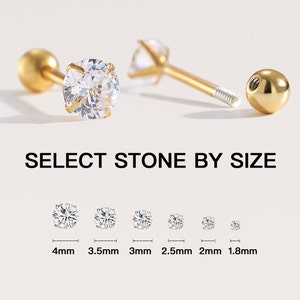 tiny stud earrings, screw back earrings, small studs, sparly cz crystals, gold stud earrings, cartilage studs, 1.5mm, 2mm, 2.5mm, 3mm, 4mm