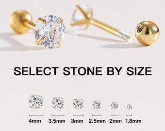tiny stud earrings, screw back earrings, small studs, sparly cz crystals, gold stud earrings, cartilage studs, 1.5mm, 2mm, 2.5mm, 3mm, 4mm