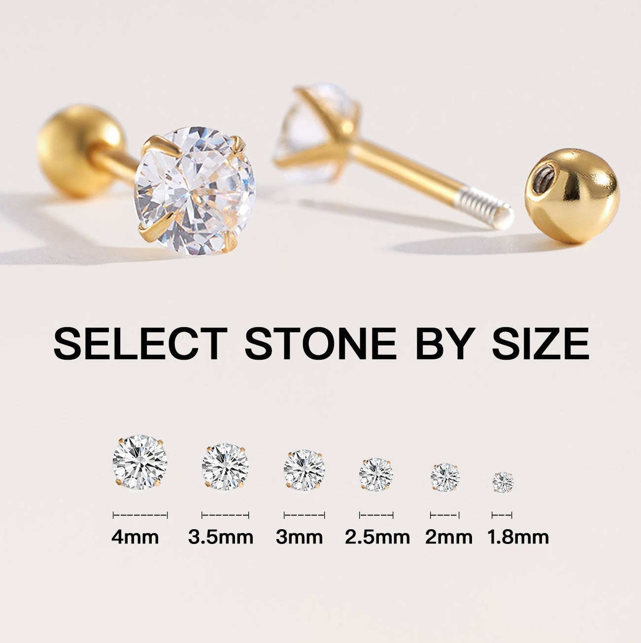 Tiny Stud Earrings, Screw Back Earrings, Small Studs, Sparly Cz Crystals,  Gold Stud Earrings, Cartilage Studs, 1.5mm, 2mm, 2.5mm, 3mm, 4mm 