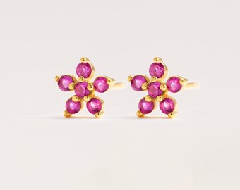 Flower Stud Earrings, Ruby Jewelry, Pink Gemstone Earrings, Womens Mens, Sterling Silver, Gold Flower Earrings, Statement Earring, Cartilage