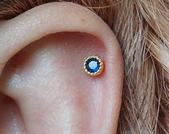 Sapphire Blue Cartilage Studs 20G, 14k Gold Studs, Tiny Blue Sapphire Earrings, September Birthstone, Screw Back, Gift for Bridesmaid