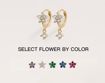 Flower Cartilage Hoop Earring, 7.5mm cz Dangle Huggies, First Lobe Piercing, Multi-Color Helix Huggie Hoop, Tiny Gemstone Drop Hoop Earrings