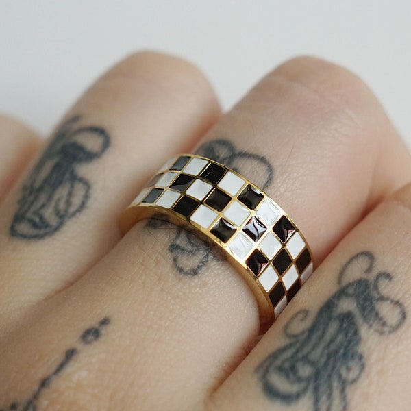 White and Black Checkerboard Ring, Stainless Steel Signet Ring, Checkered Rings for Women, Enamel Rings, Fun Chess Board Rings, Gidt for Her